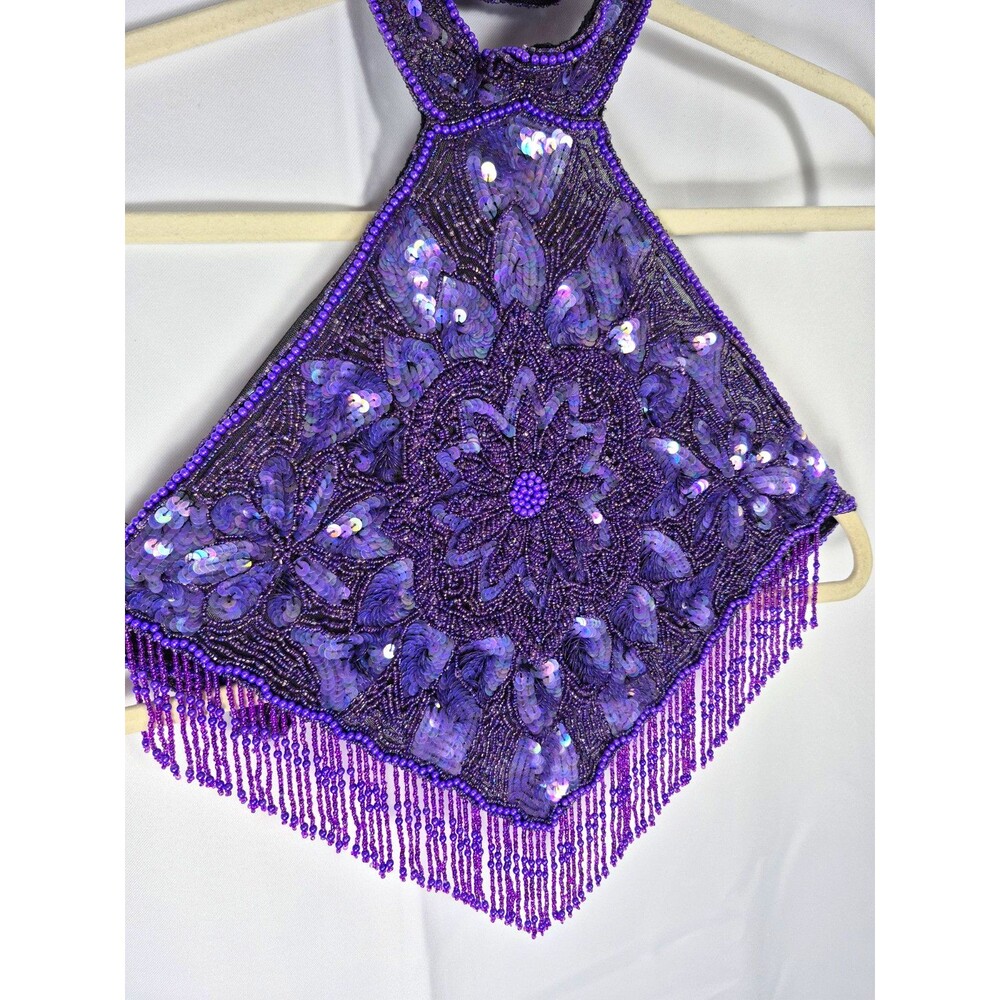 Purple Floral Glass Beaded Sequin Mesh Halter Belly Dance Top Fringe